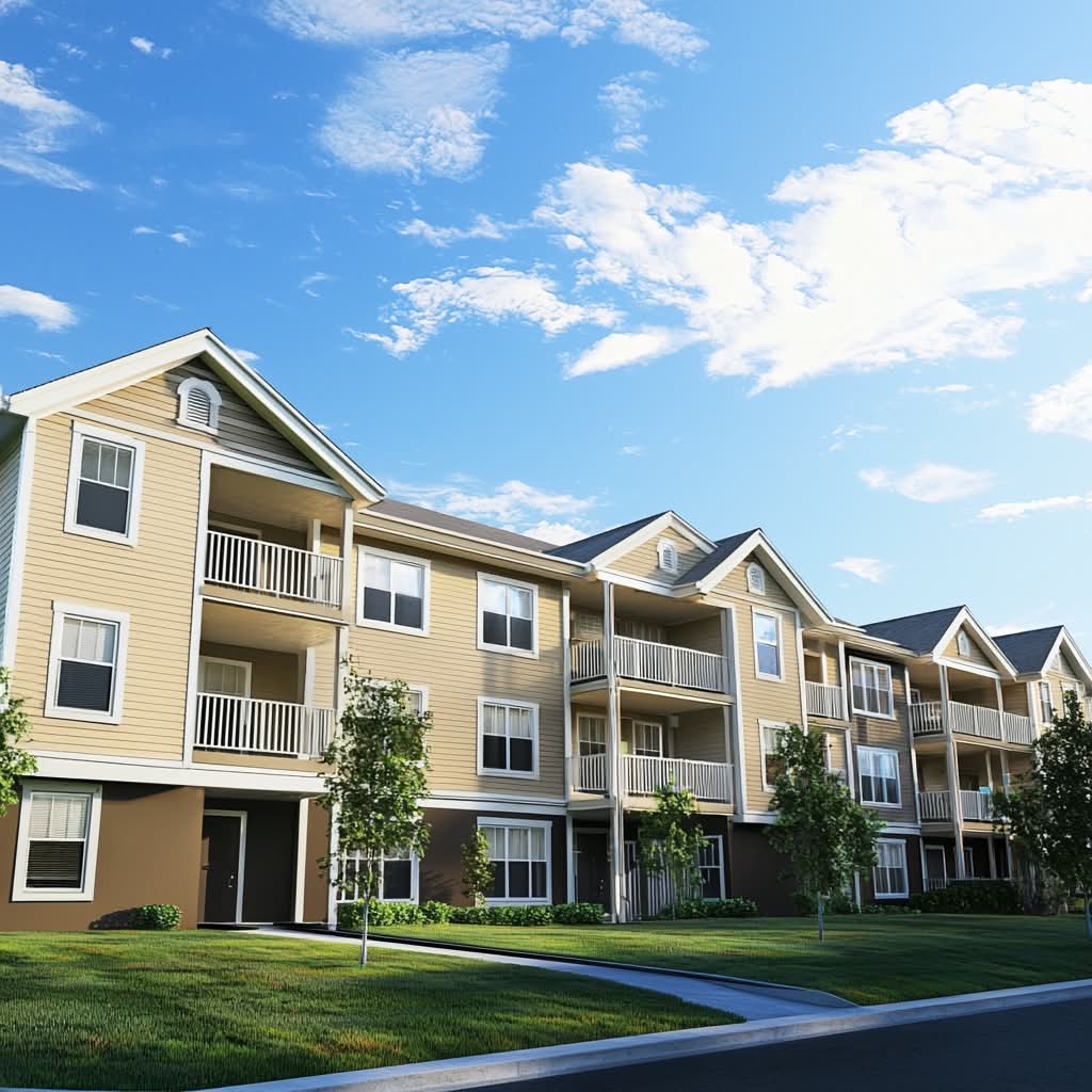 modern-three-story-apartment-complex-yellow-siding-balconies-landscaped