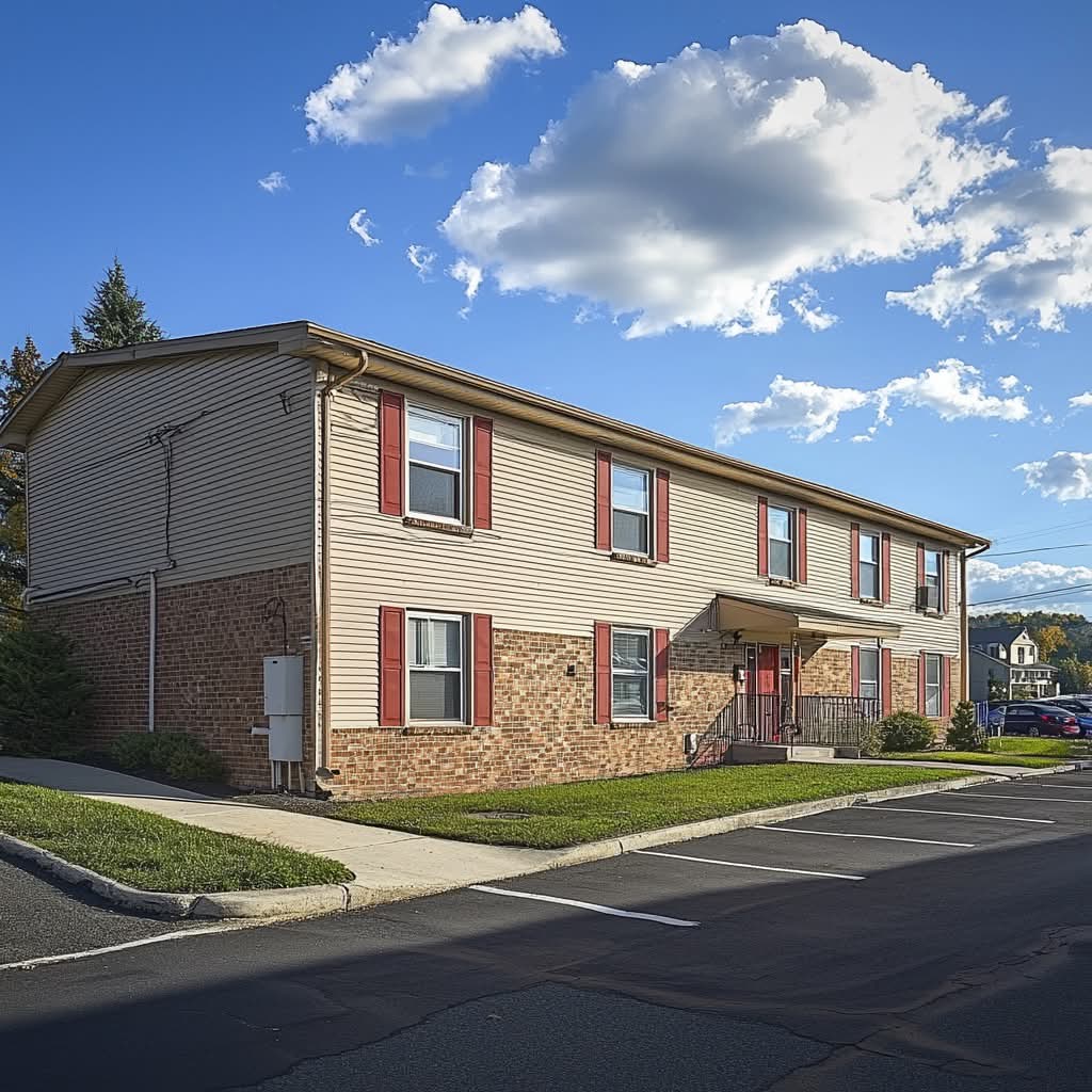 two-story-apartment-building-brick-and-siding-red-shutters-suburban-setting